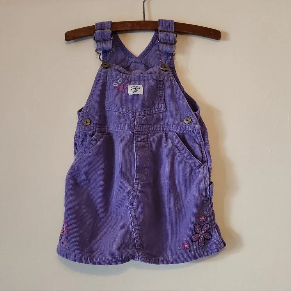 OshKosh B’Gosh Corduroy Overalls Purple Dress Sz 24mos Embroidered Flowers Y2K